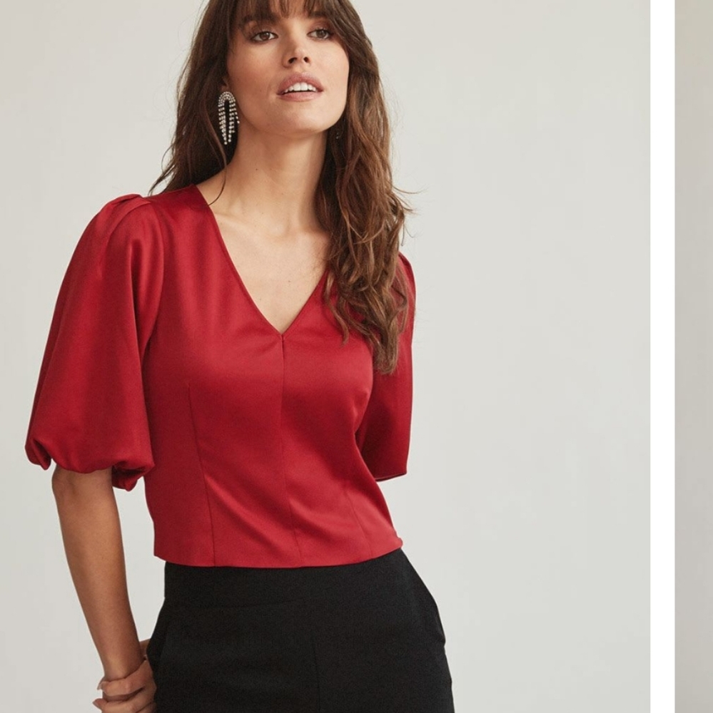 RW&CO Novelty Satin V-Neck Puffy Elbow Sleeve Blouse - M